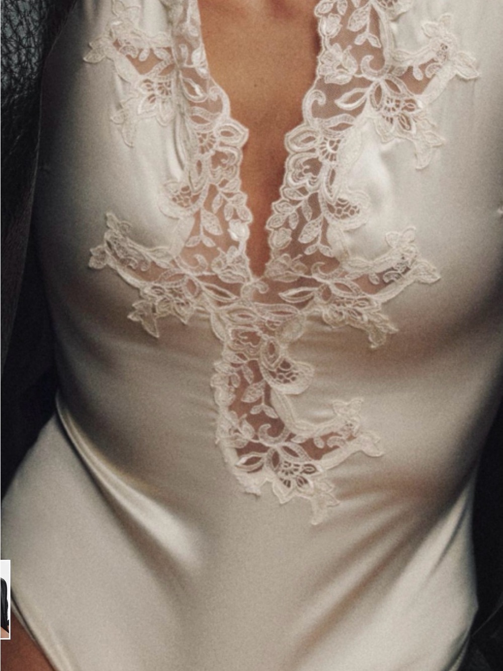 Zara Ivory Cream Lace Satin Lace-Trim Bodysuit